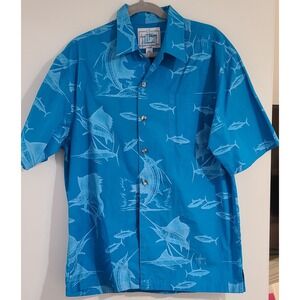 Guy Harvey AFTCO Blue Marlin Short Sleeve Nautical Shirt Size Medium.